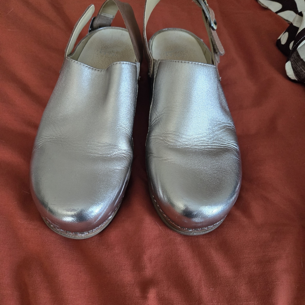 Dansko Metallic Silver Slingback Clogs